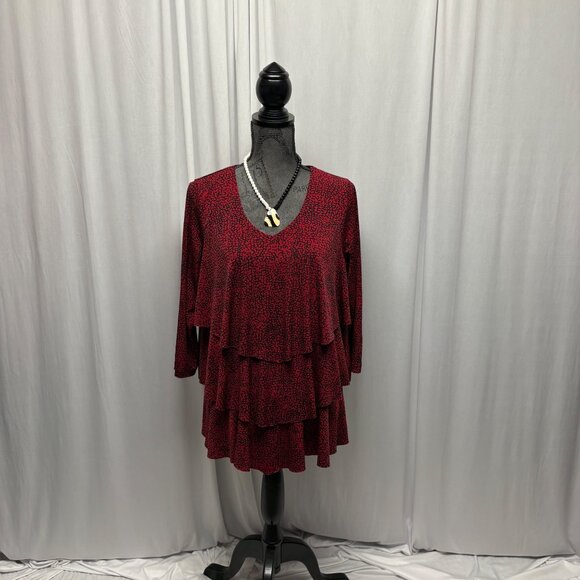 Susan Graver Red Black Tiered Top Womens Size Large Liquid Knit V-Neck Blouse - Picture 1 of 9